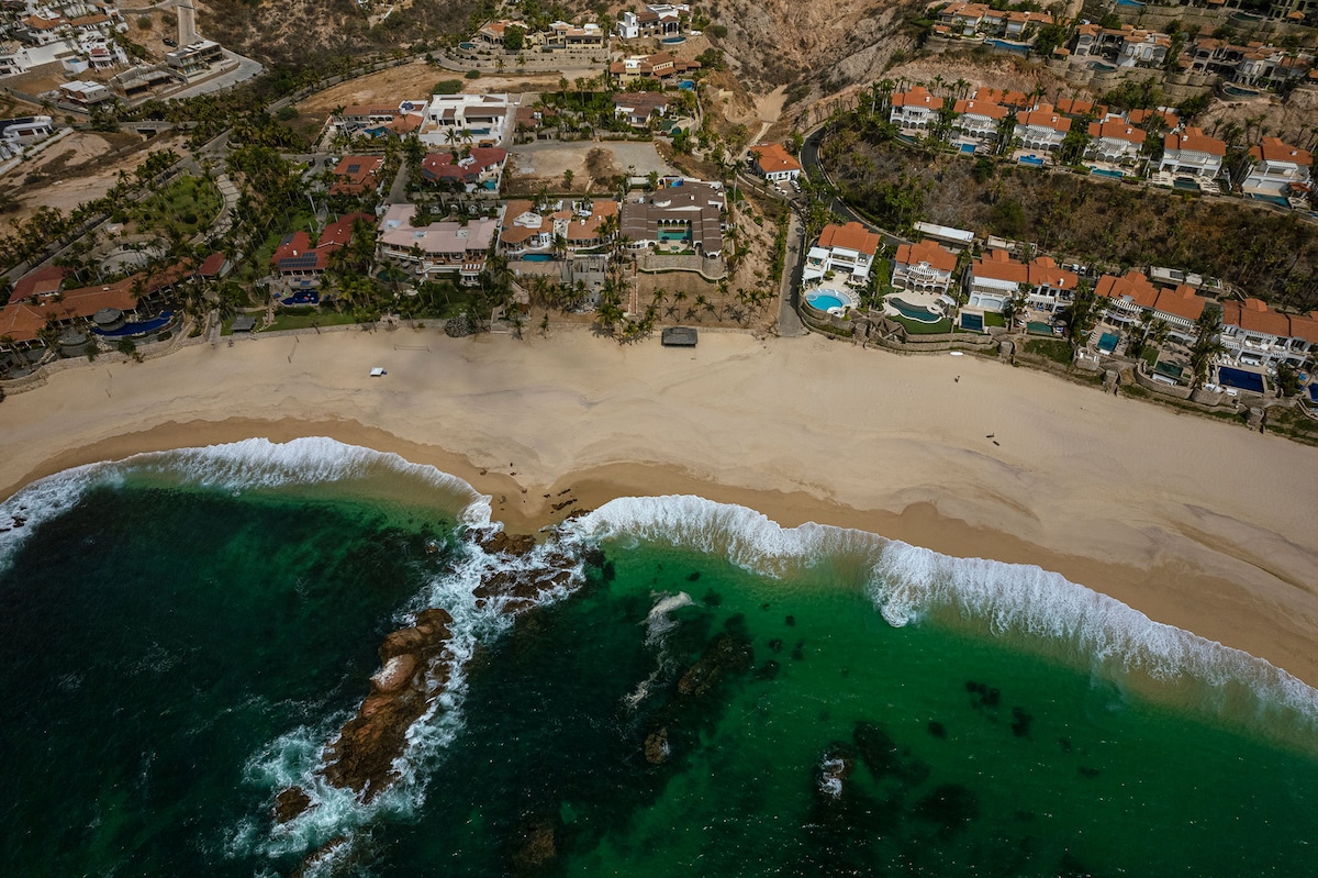 Aerial beach and coastline near Villa Tortuga in Punta Bella, Los Cabos.