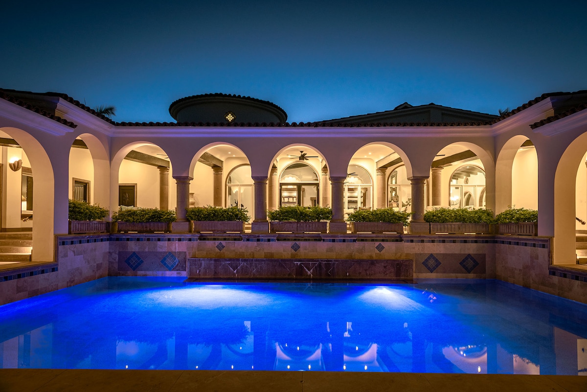 Private pool illuminated at night at Villa Tortuga, Punta Bella, Los Cabos.