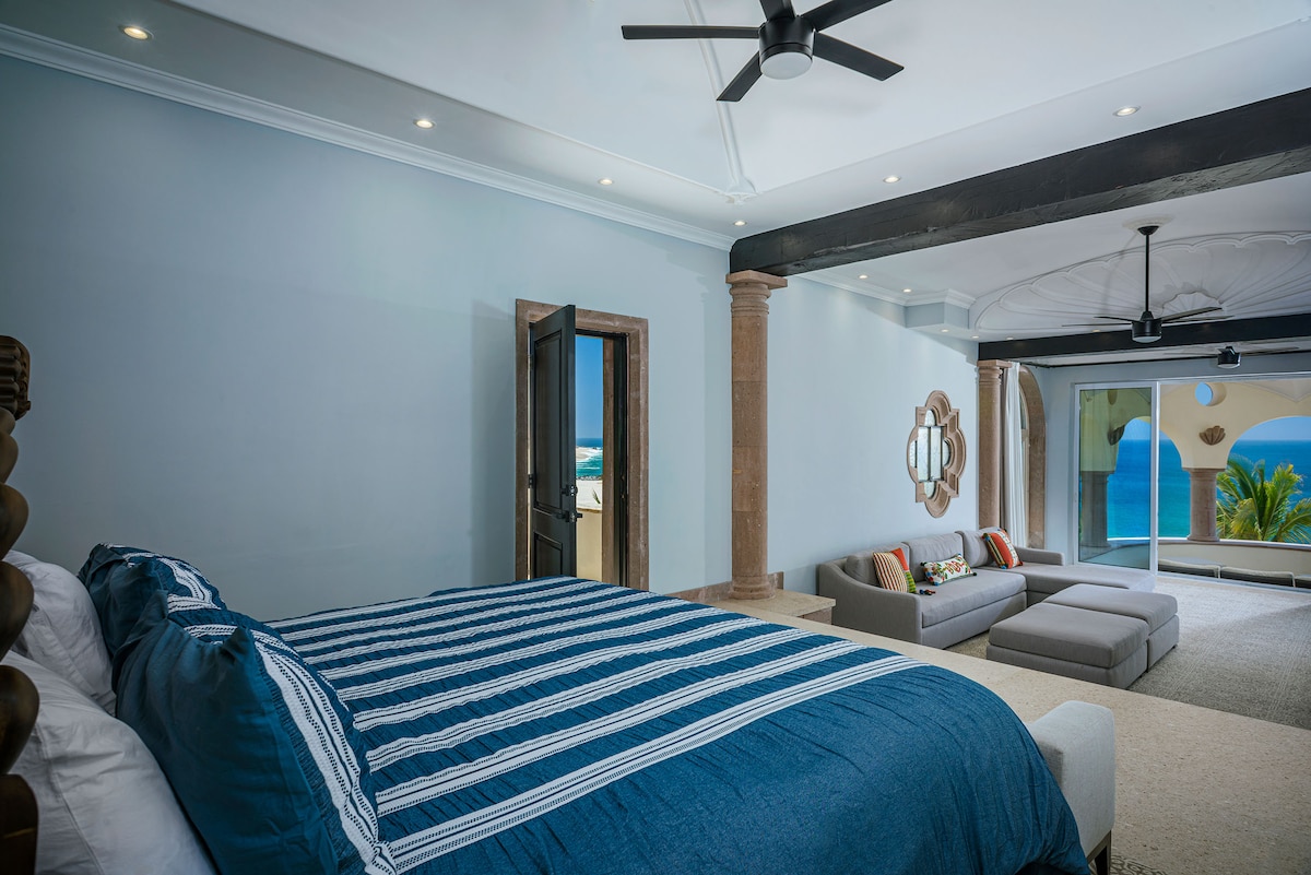 Ocean-view bedroom at Villa Tortuga, a beachfront villa in Punta Bella, Los Cabos.