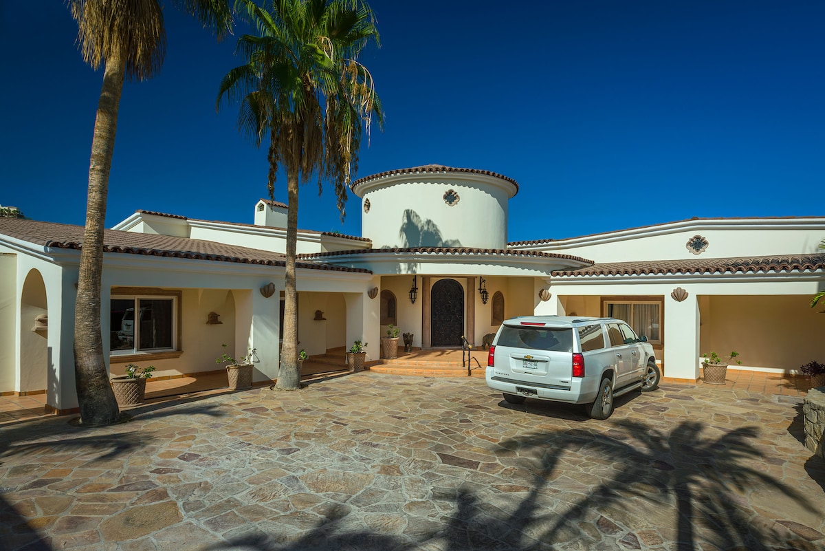 Front exterior and entrance of Villa Tortuga in Punta Bella, Los Cabos.