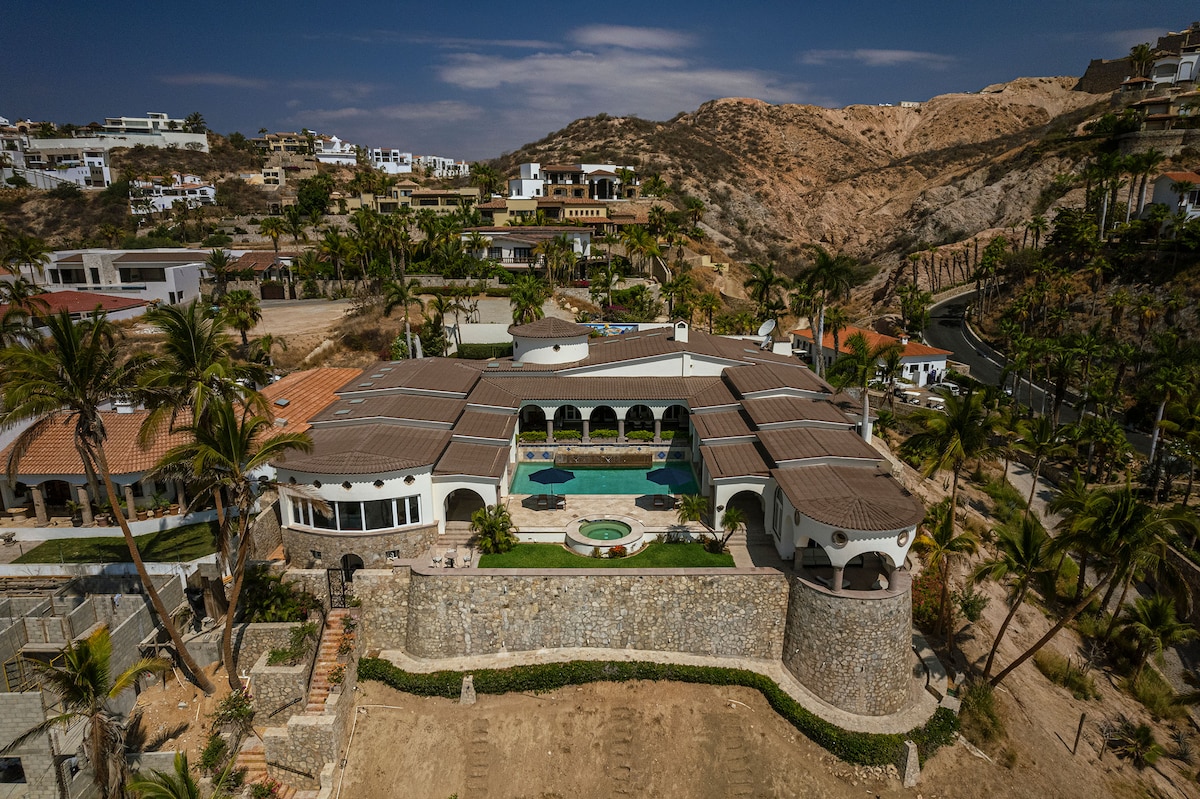 Aerial dusk view of Villa Tortuga with its private pool in Punta Bella, Los Cabos.