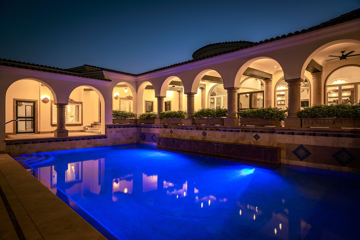 Private pool illuminated at night at Villa Tortuga, Punta Bella, Los Cabos.