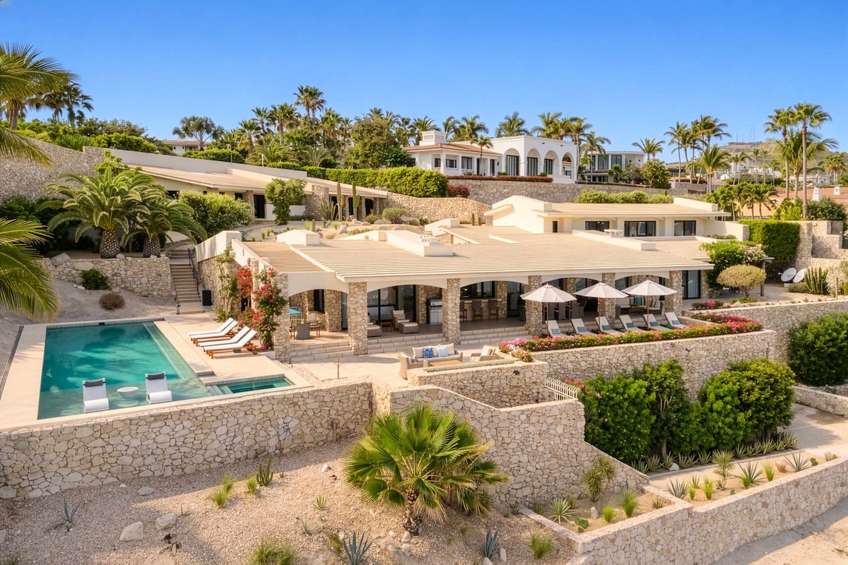 Aerial-style view of the full villa, pool and lush grounds at Casa Mañana.