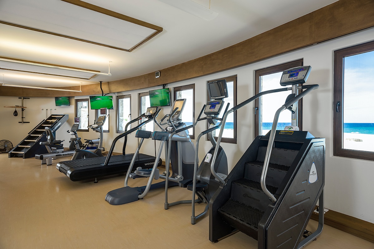 Private 2,000 sq ft gym with cardio equipment and ocean views at Casa Edwards, Palmilla, Los Cabos