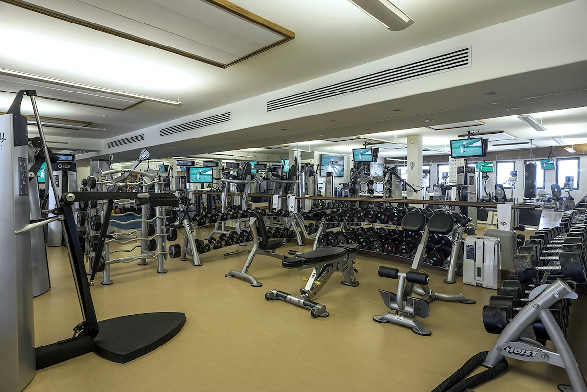 Full strength and cardio training floor in the private 2,000 sq ft gym at Casa Edwards, Palmilla
