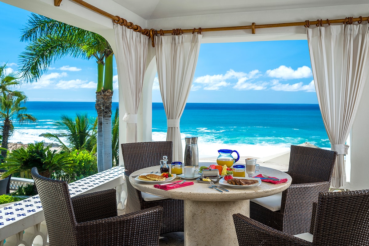 Private breakfast cabana with curtains facing the ocean at Casa Edwards, Palmilla, Los Cabos