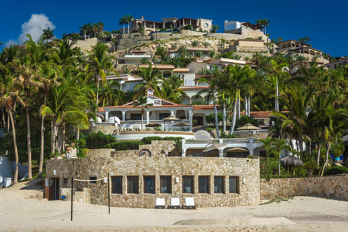 Casa Edwards seen from the beach, showing its direct beachfront position in Palmilla, Los Cabos