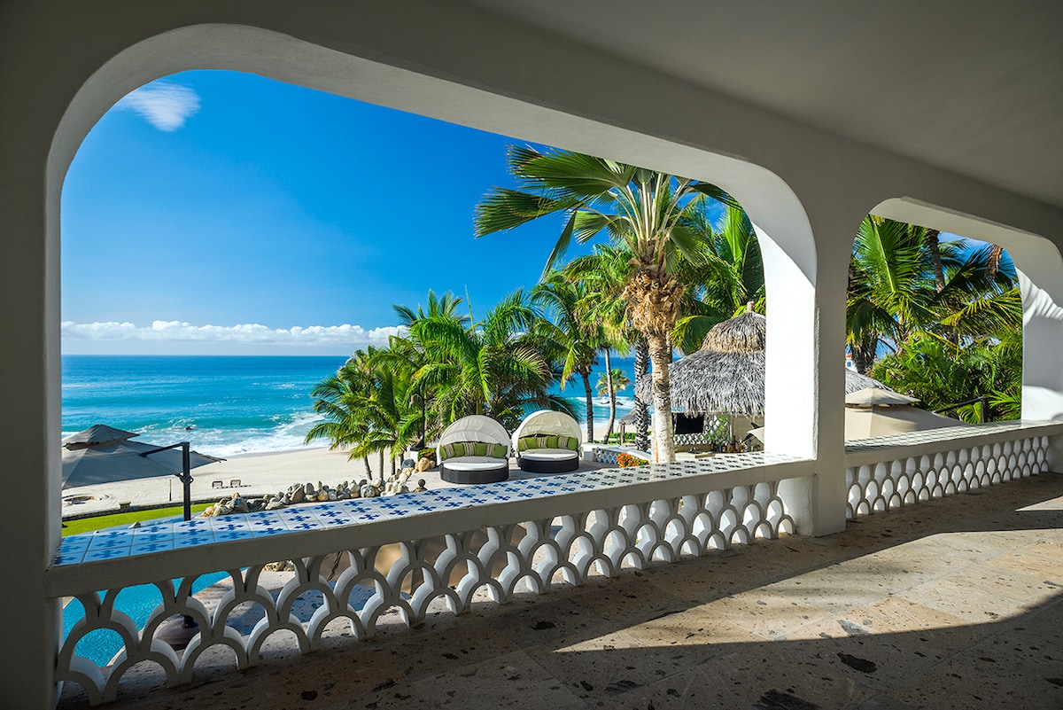 Arched covered terrace framing the Sea of Cortez at Casa Edwards, beachfront villa in Palmilla